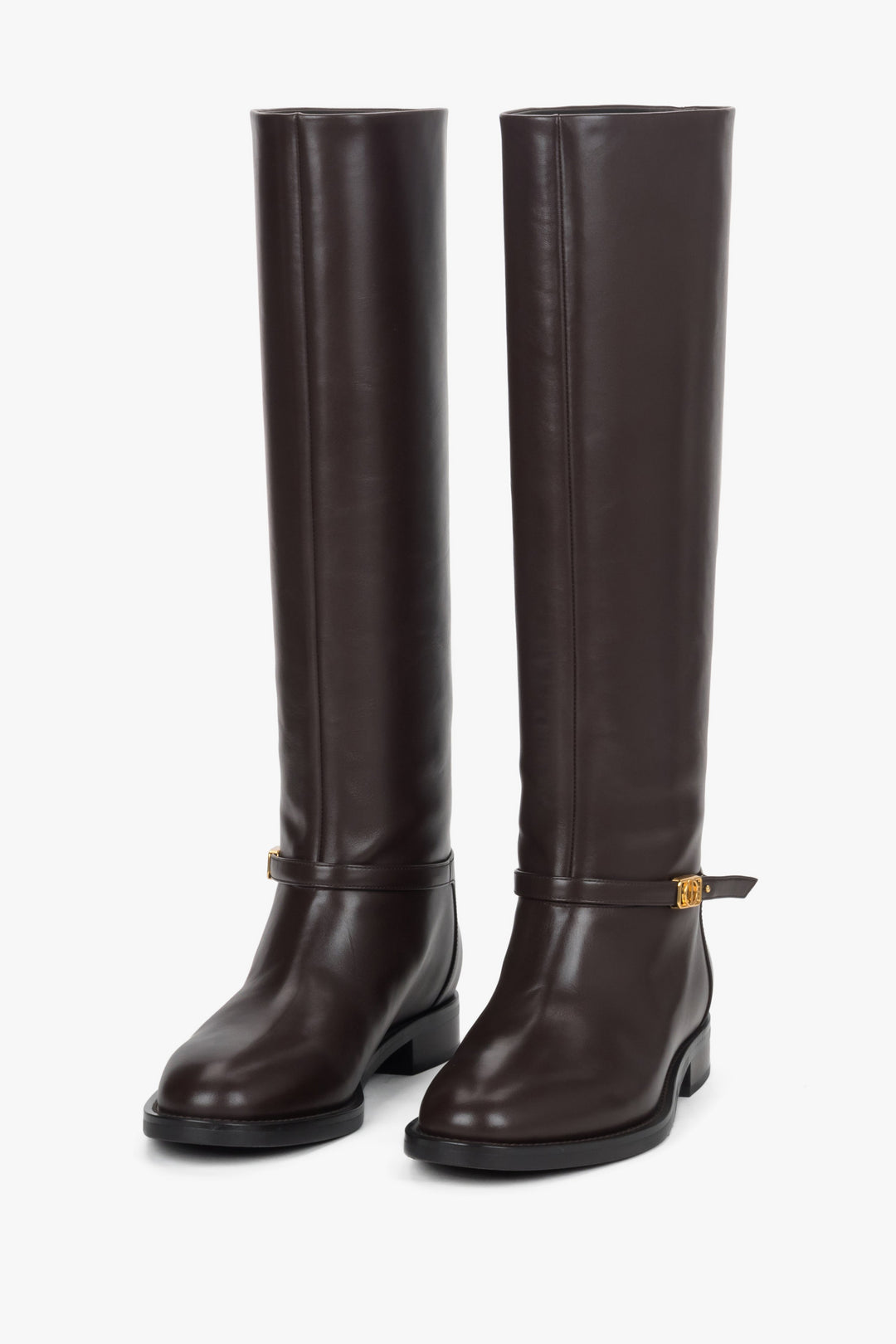 Women's high dark brown genuine leather boots with a gold buckle Estro.