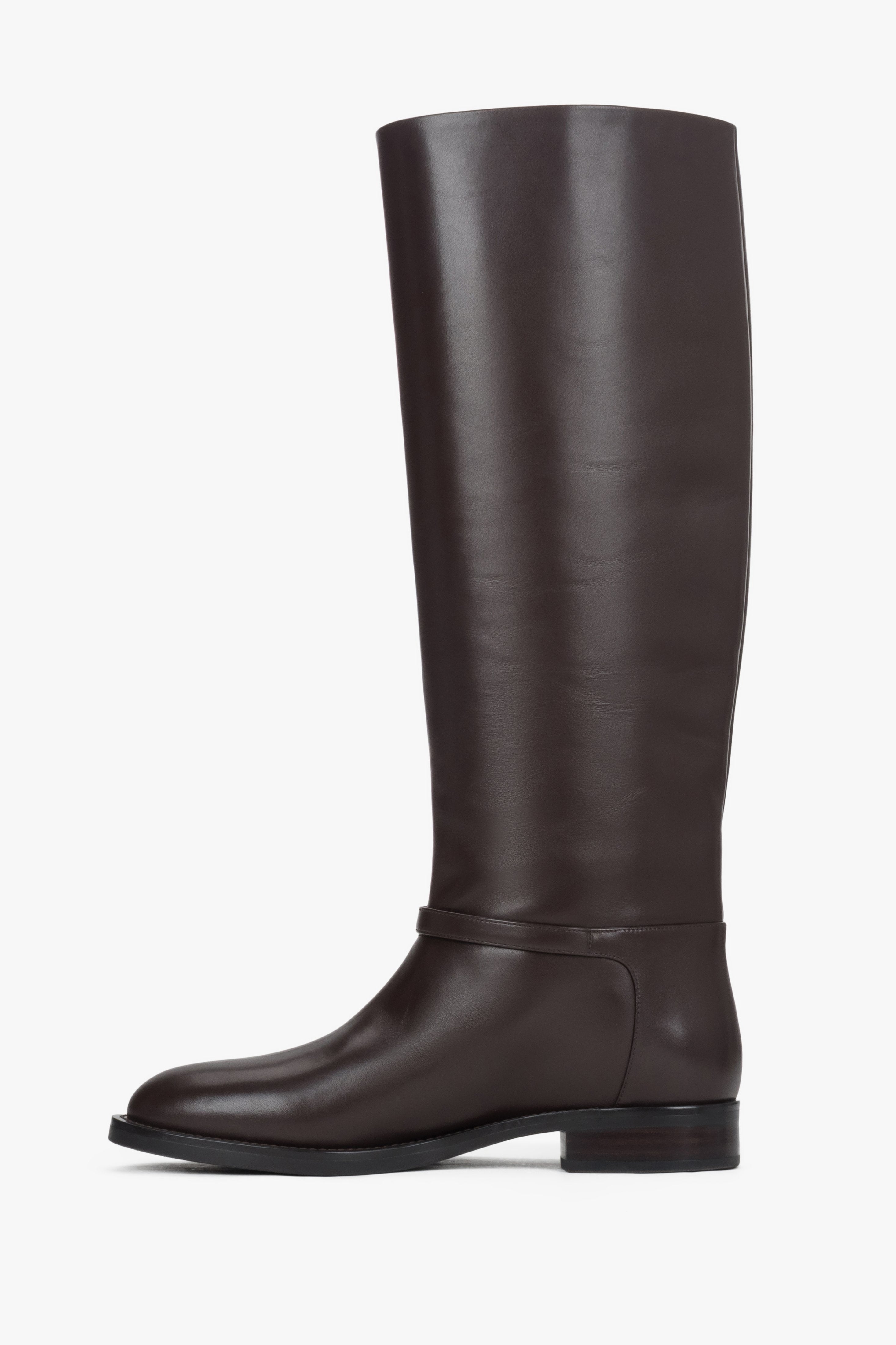 High dark brown women's boots made of genuine leather with a gold buckle.