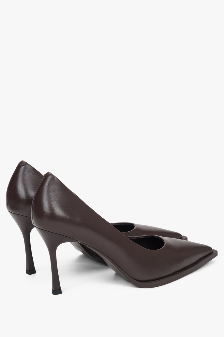 Dark brown genuine leather high-heel pumps.