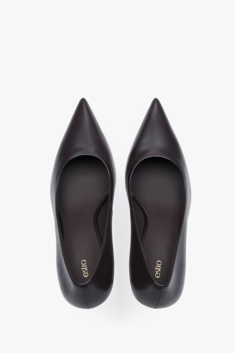 Dark Brown Women's Genuine Leather High Heels with Pointed Toe.