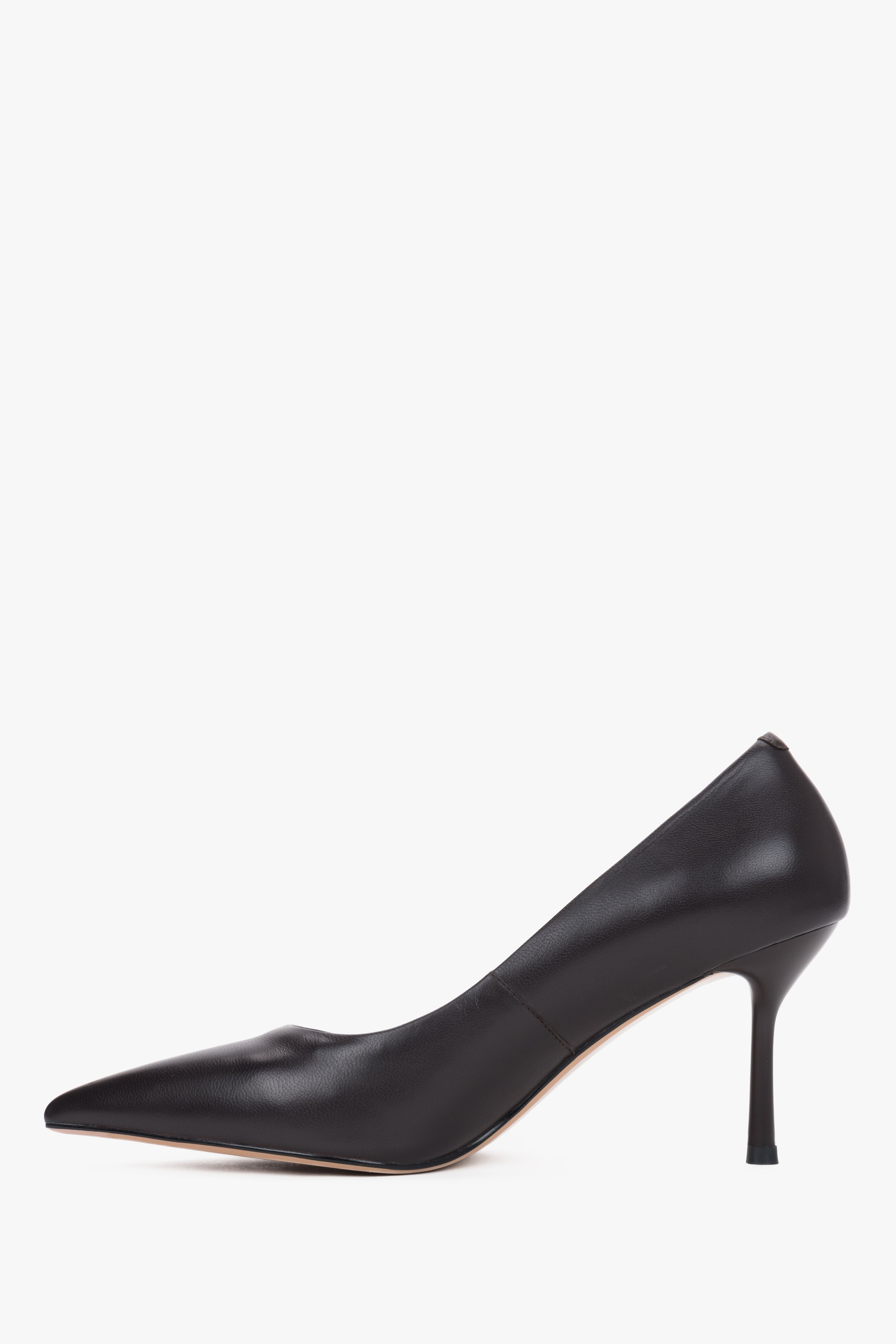 Women's Genuine Leather Stiletto Pumps in Dark Brown with Pointed Toe.