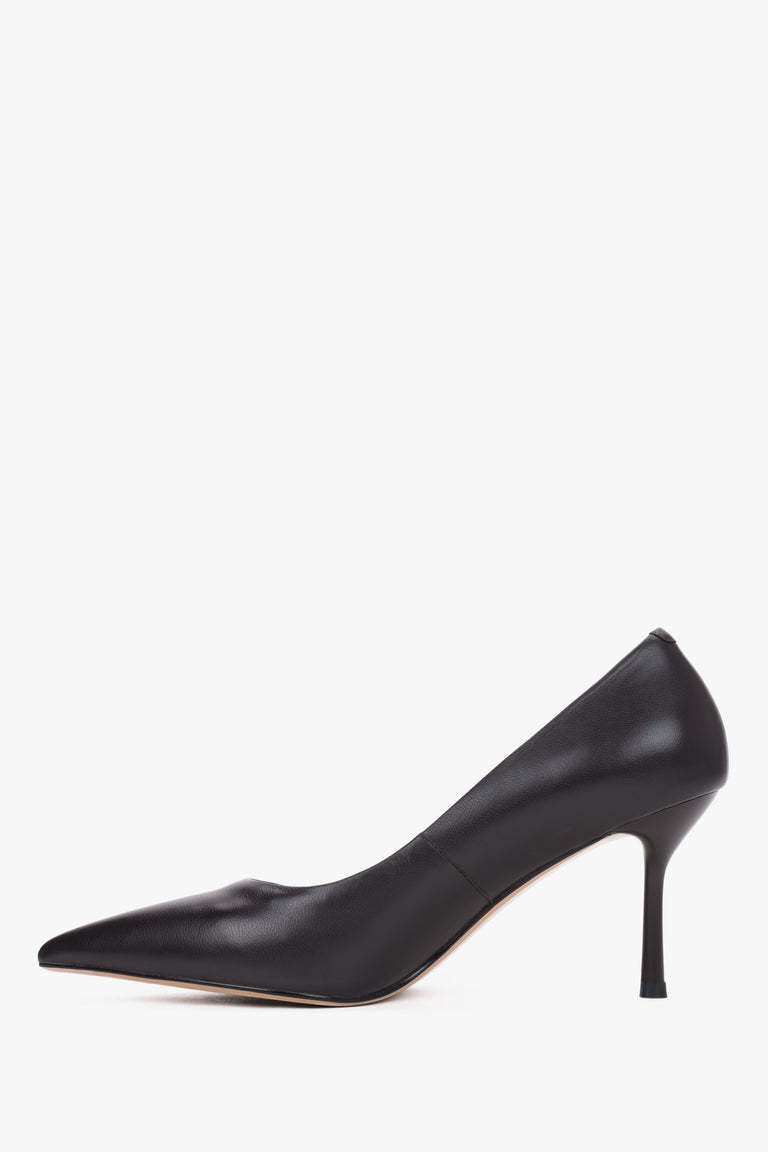 Women's Genuine Leather Stiletto Pumps in Dark Brown with Pointed Toe.