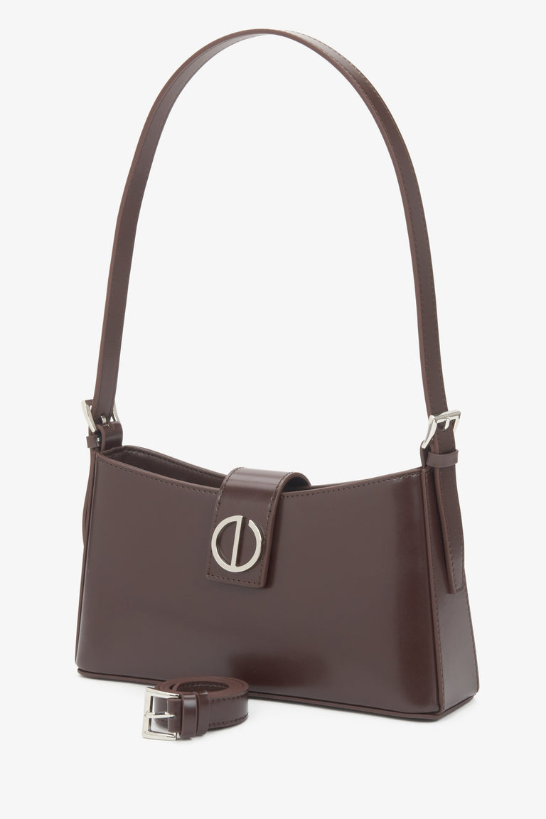 Dark brown genuine leather women's shoulder bag with silver hardware by Estro.