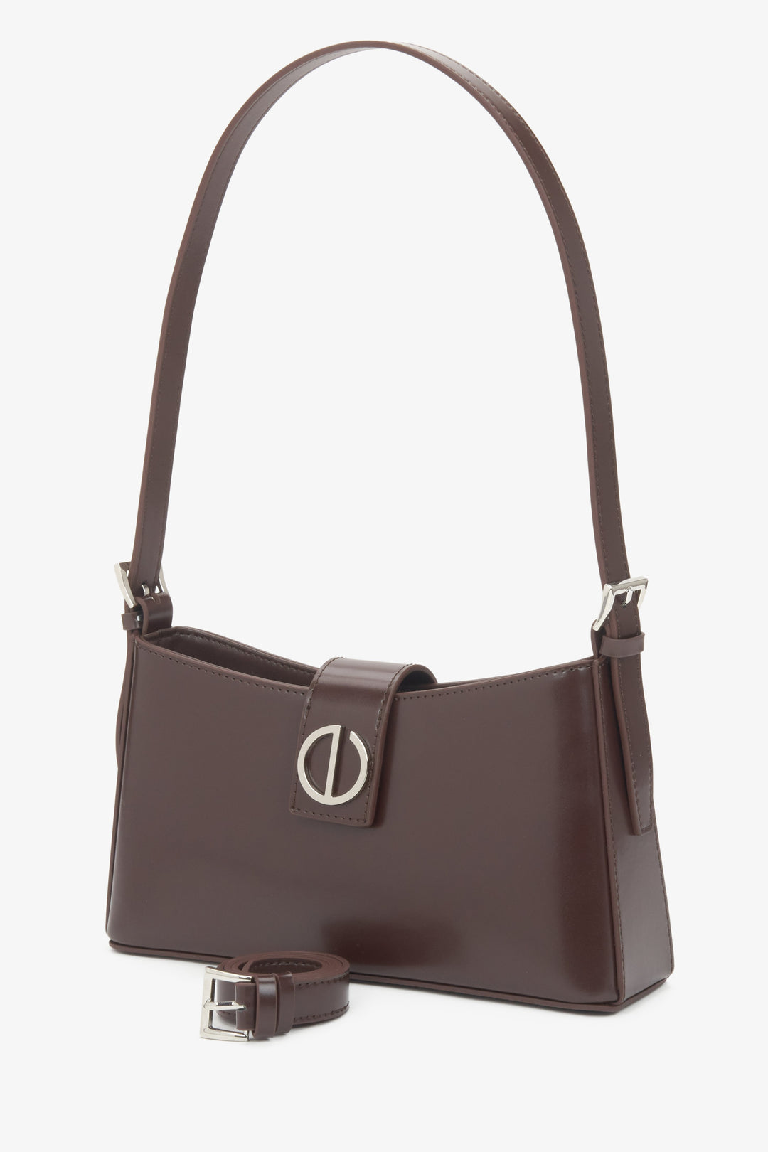 Dark brown genuine leather women's shoulder bag with silver hardware by Estro.