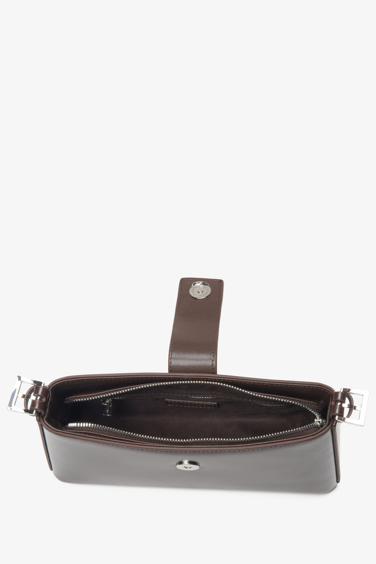 Women's shoulder bag, dark brown, genuine leather, with silver hardware, Estro.