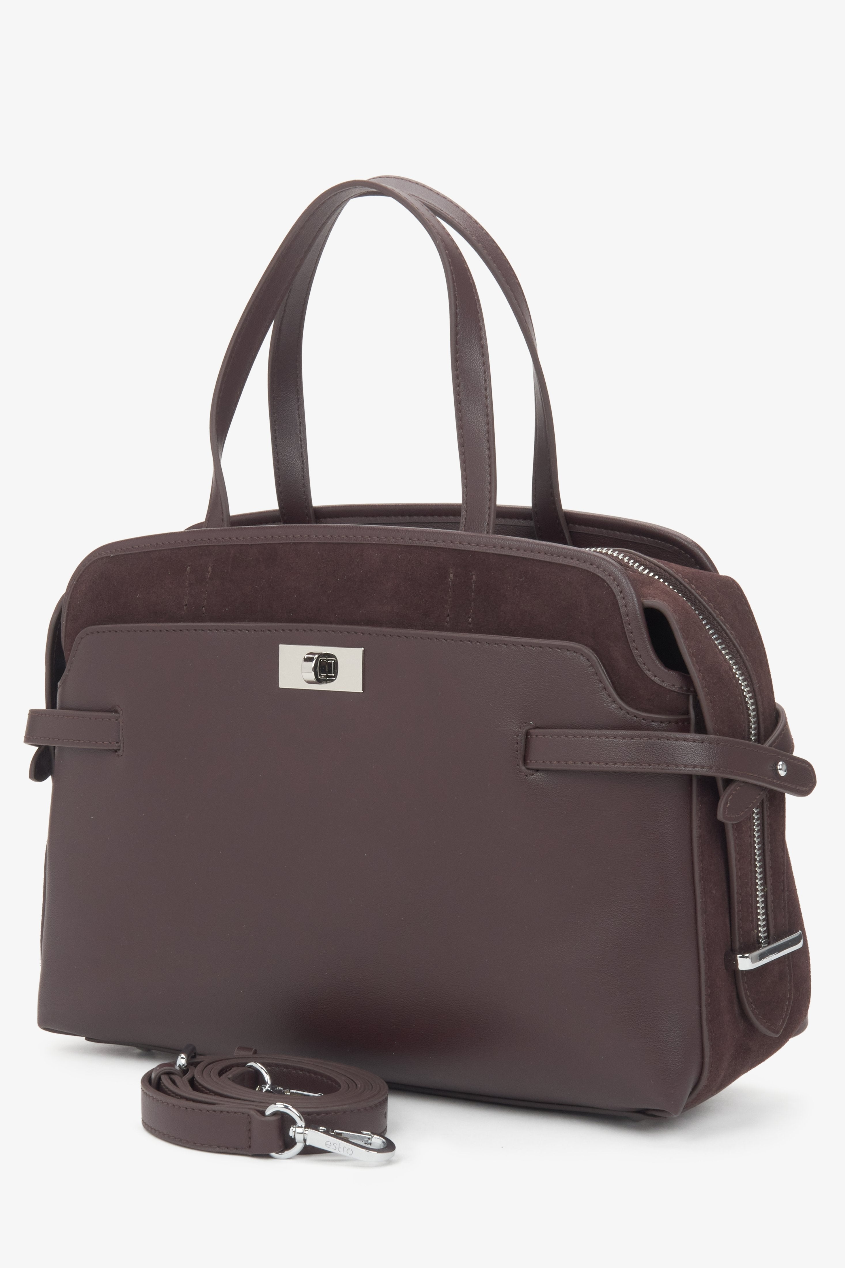 Women's dark brown genuine leather tote handbag.