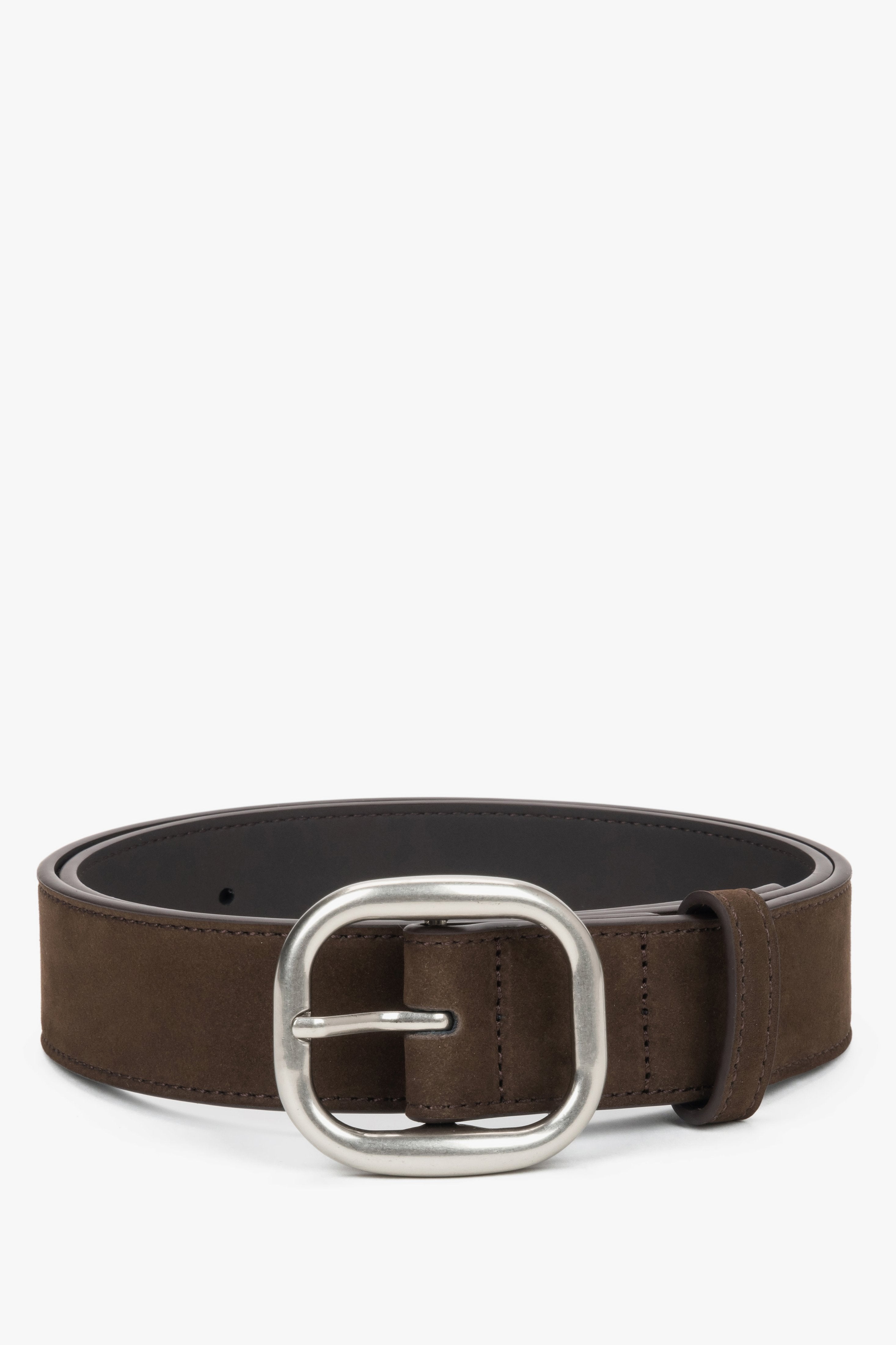 Women's Dark Brown Genuine Velour Belt with Silver Oval Buckle Estro ER00120743.