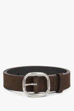 Women's Dark Brown Genuine Velour Belt with Silver Oval Buckle Estro ER00120743.
