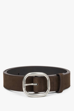 Women's Dark Brown Genuine Velour Belt with Silver Oval Buckle Estro ER00120743.