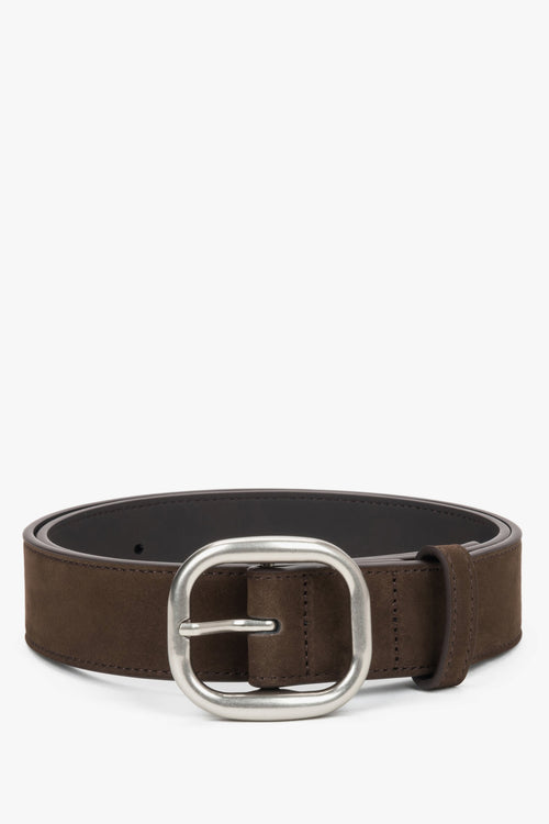Women's Dark Brown Genuine Velour Belt with Silver Oval Buckle Estro ER00120743.
