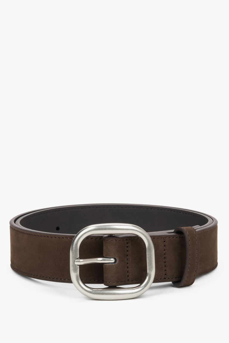 Women's Dark Brown Genuine Velour Belt with Silver Oval Buckle Estro ER00120743.