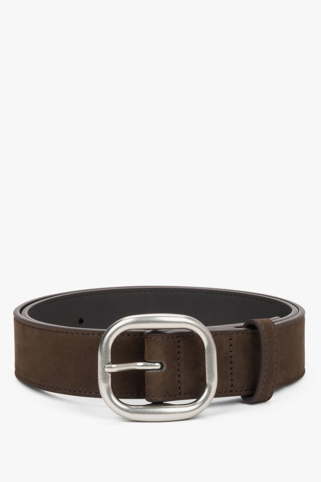 Women's Dark Brown Genuine Velour Belt with Silver Oval Buckle Estro ER00120743.