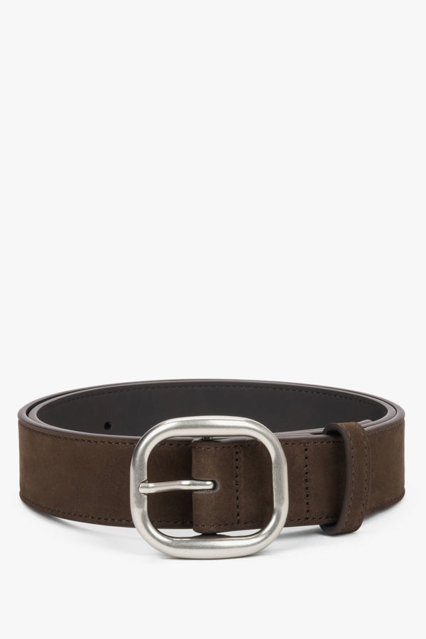 Women's Dark Brown Genuine Velour Belt with Silver Oval Buckle Estro ER00120743.