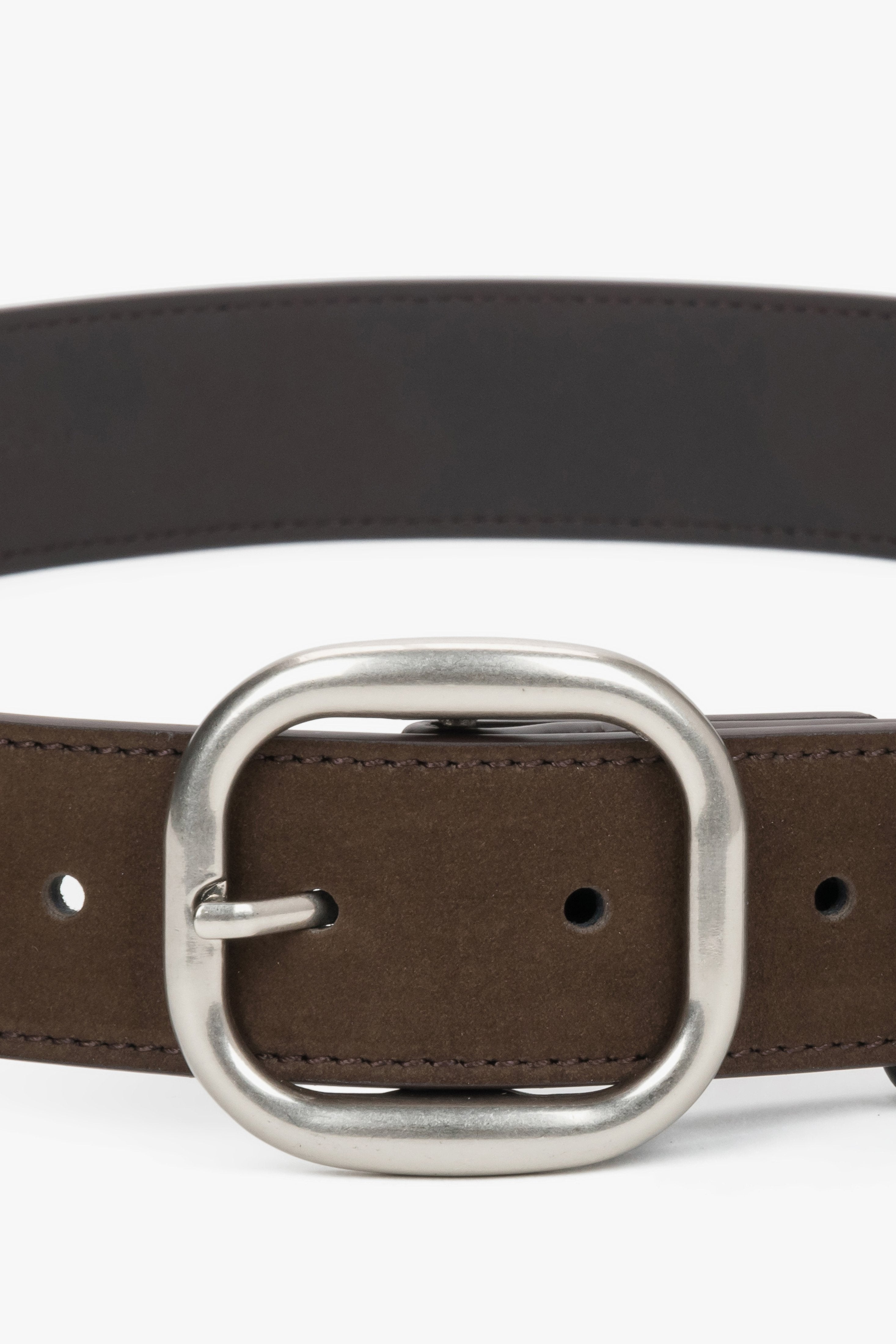 Women's dark brown velour belt with an oval silver buckle by Estro.