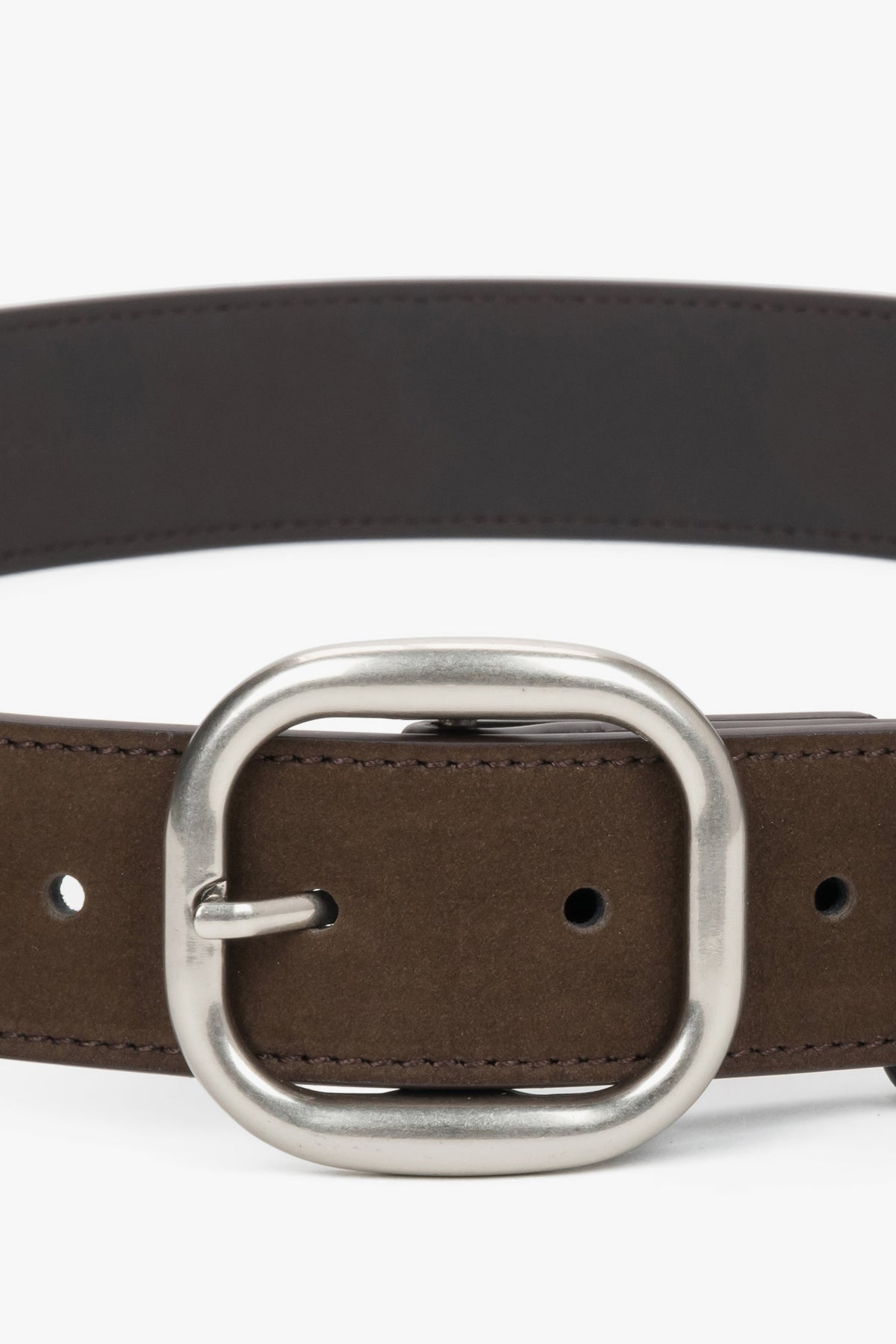 Women's dark brown velour belt with an oval silver buckle by Estro.