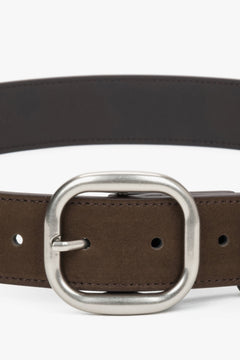 Women's dark brown velour belt with an oval silver buckle by Estro.