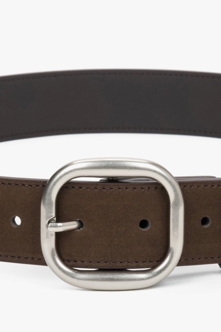 Women's dark brown velour belt with an oval silver buckle by Estro.