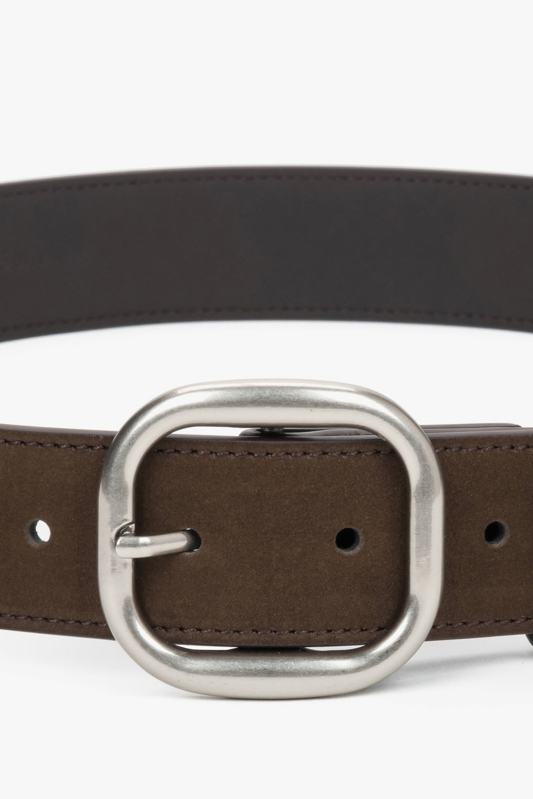 Women's dark brown velour belt with an oval silver buckle by Estro.