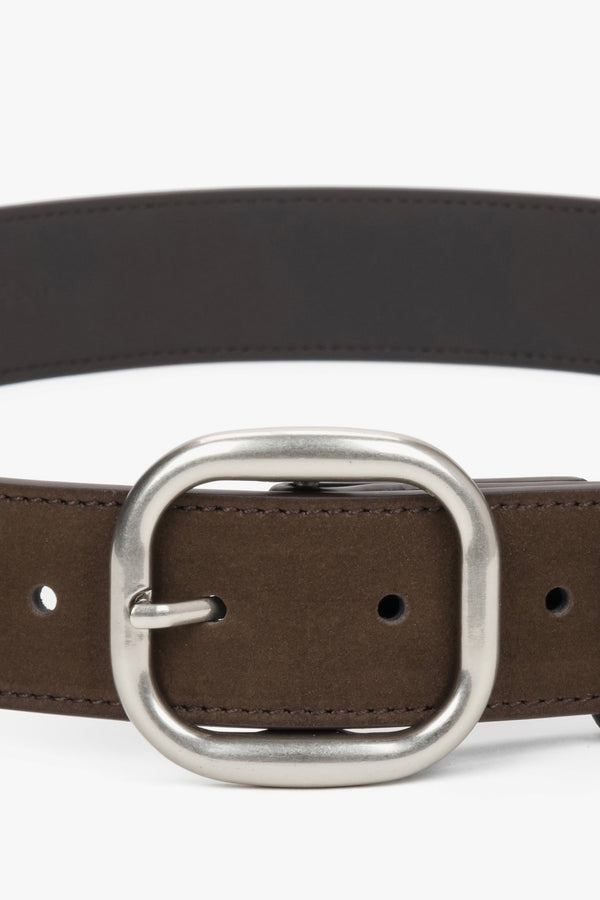 Women's dark brown velour belt with an oval silver buckle by Estro.