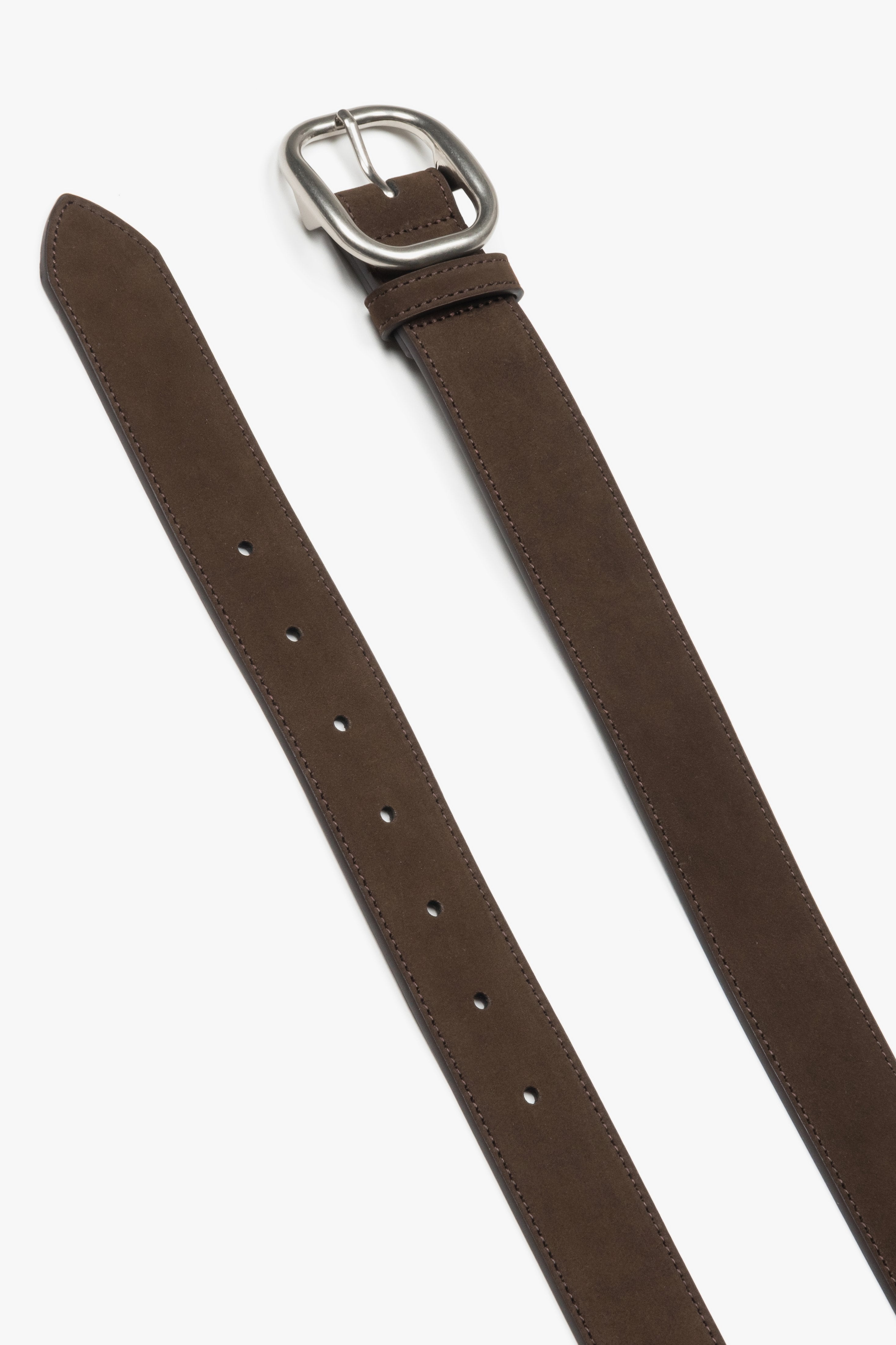 Women's dark brown velour belt with an oval silver buckle, Estro.