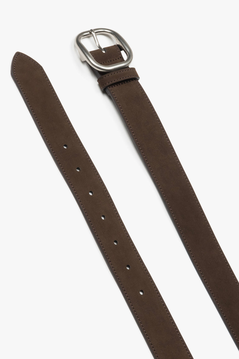 Women's dark brown velour belt with an oval silver buckle, Estro.