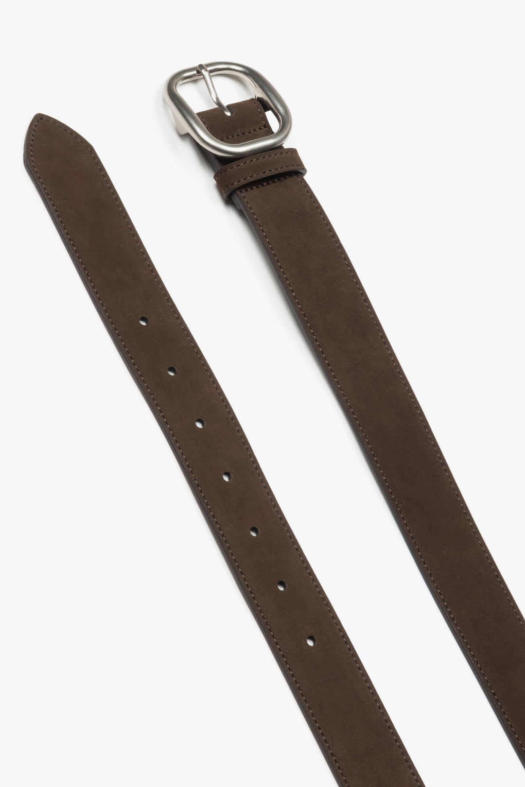 Women's dark brown velour belt with an oval silver buckle, Estro.