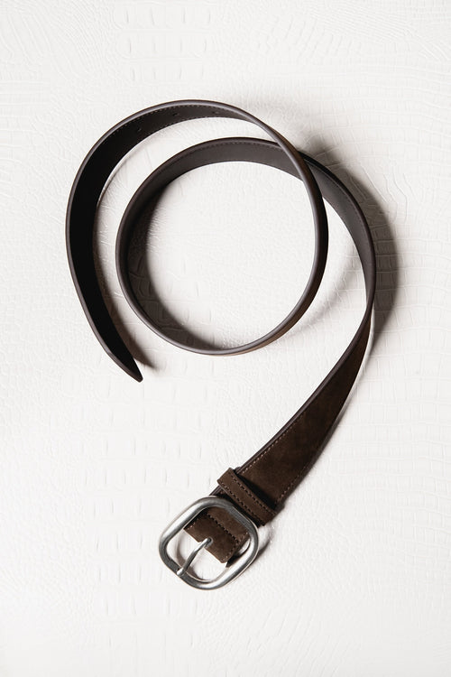 Women's Dark Brown Genuine Velour Belt with Silver Oval Buckle Estro ER00120743.