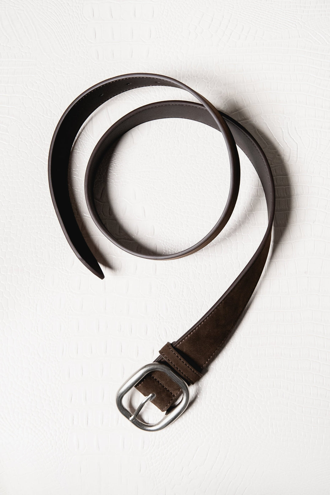 Women's Dark Brown Genuine Velour Belt with Silver Oval Buckle Estro ER00120743.