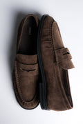 Women's Dark Brown Genuine Velour Penny Loafers with Decorative Stitching Estro ER00120524.