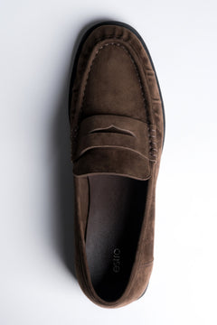 Estro - women's dark brown natural velour loafers with decorative stitching.
