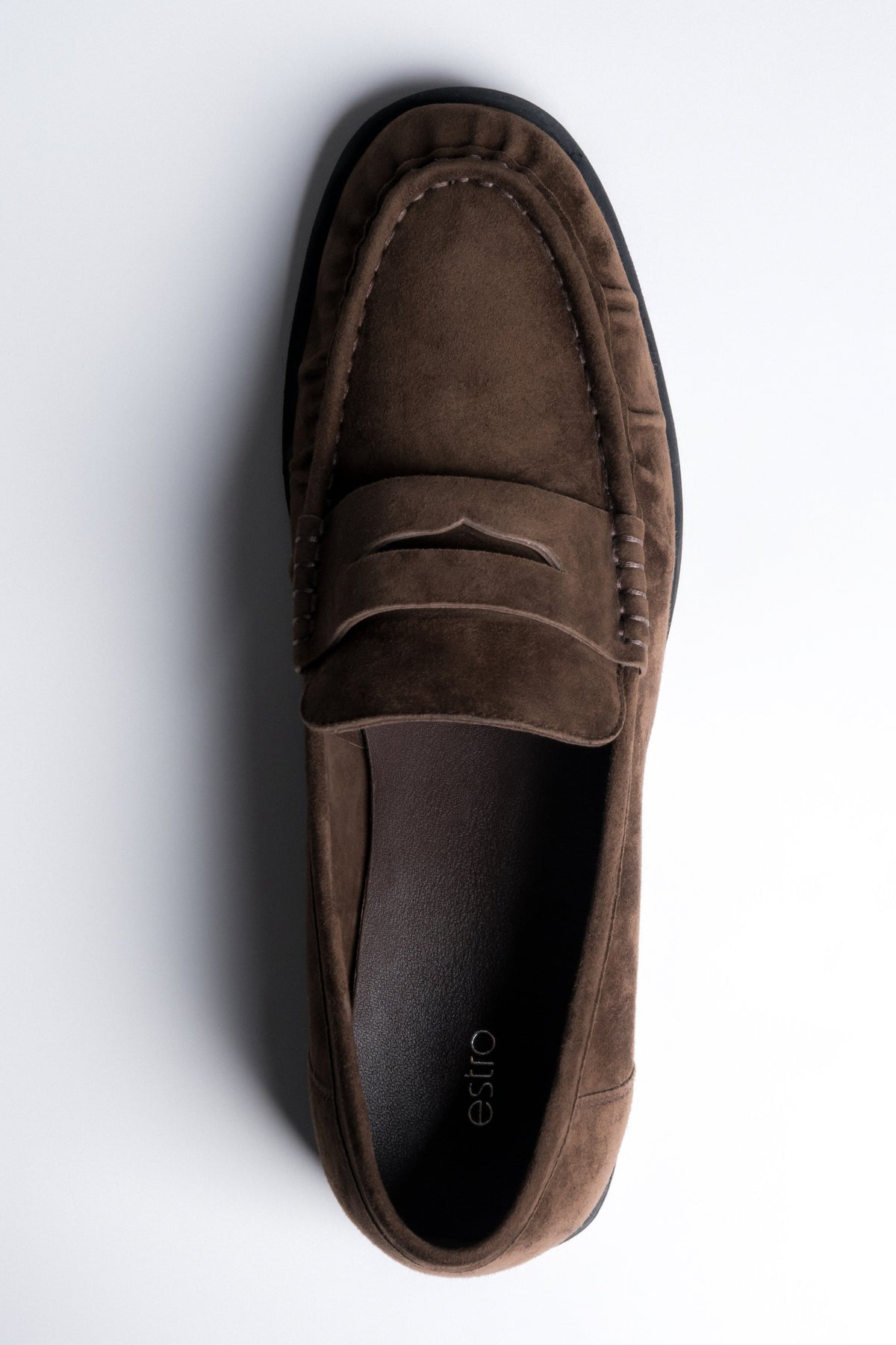Estro - women's dark brown natural velour loafers with decorative stitching.