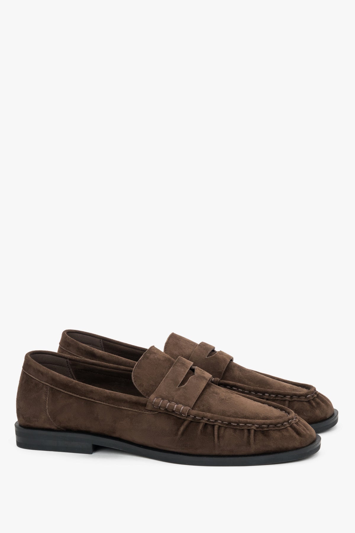 Women's dark brown natural velour loafers with decorative stitching Estro.