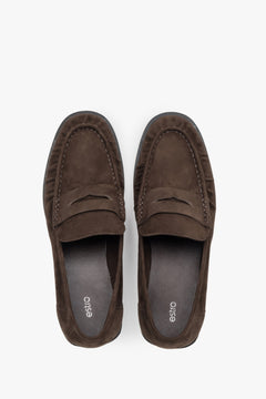 Women's dark brown natural velour loafers with decorative stitching Estro.