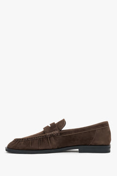 Women's loafers, dark brown , made of natural velour, with decorative stitching, Estro.