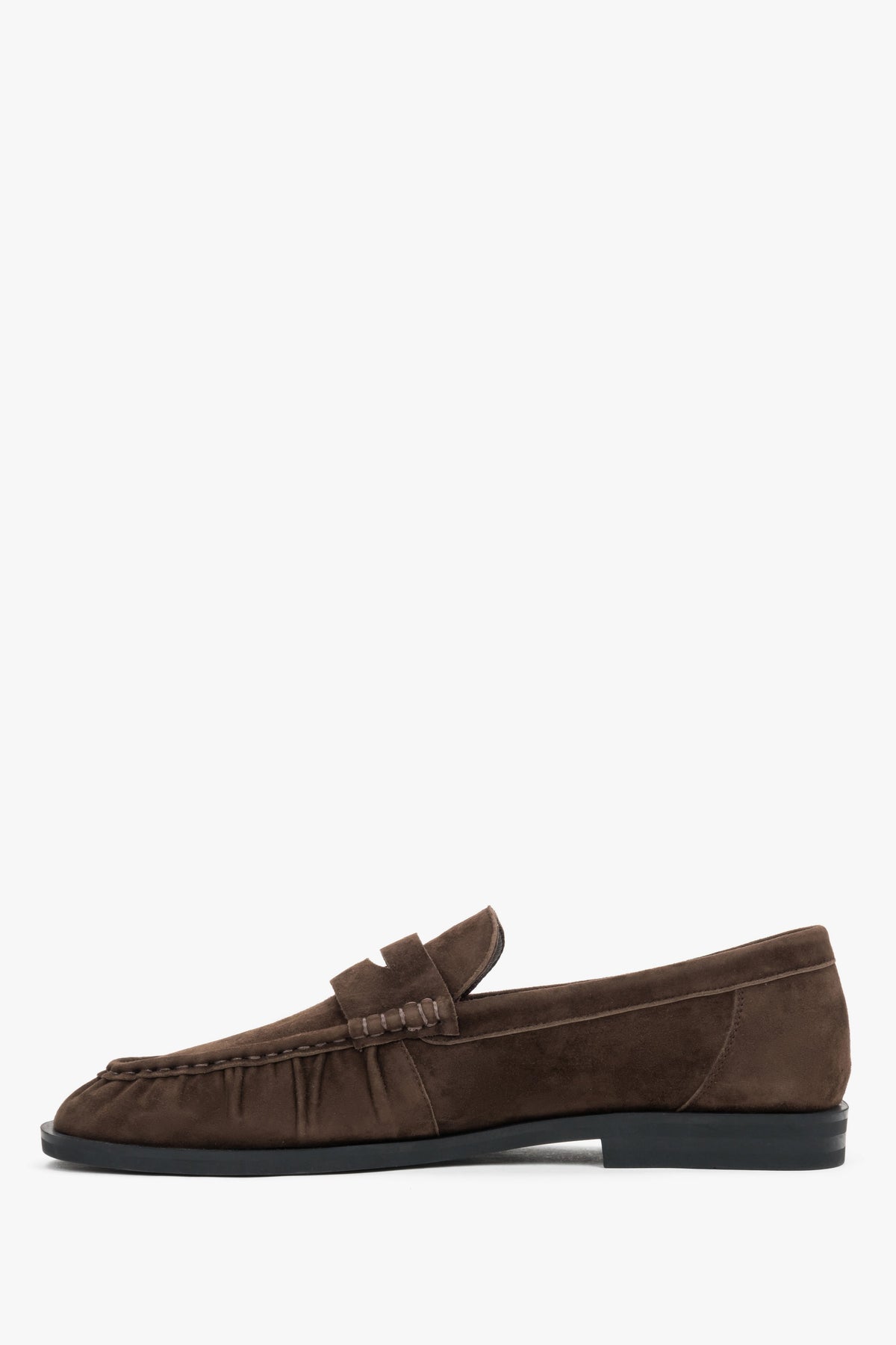 Women's loafers, dark brown , made of natural velour, with decorative stitching, Estro.