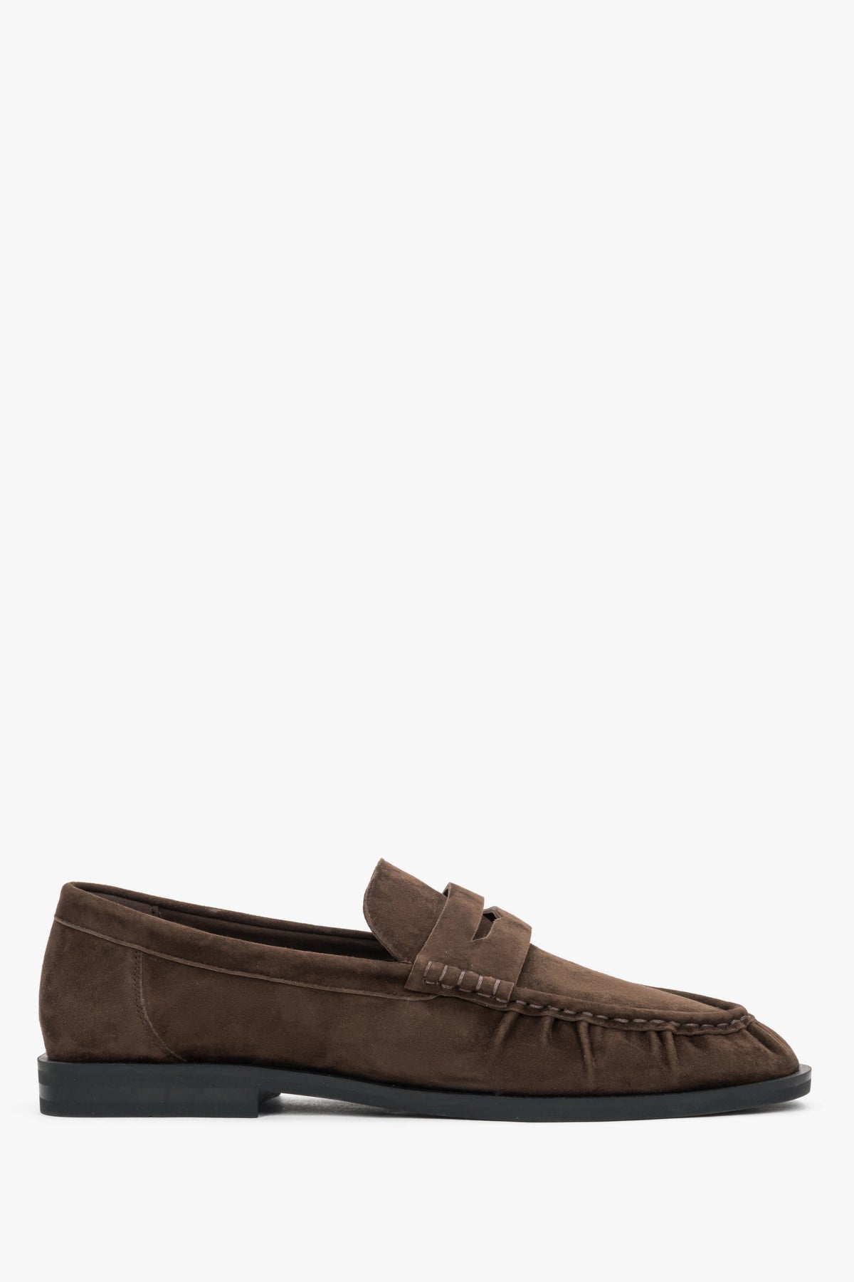 Women's dark brown natural velour loafers with decorative stitching Estro.