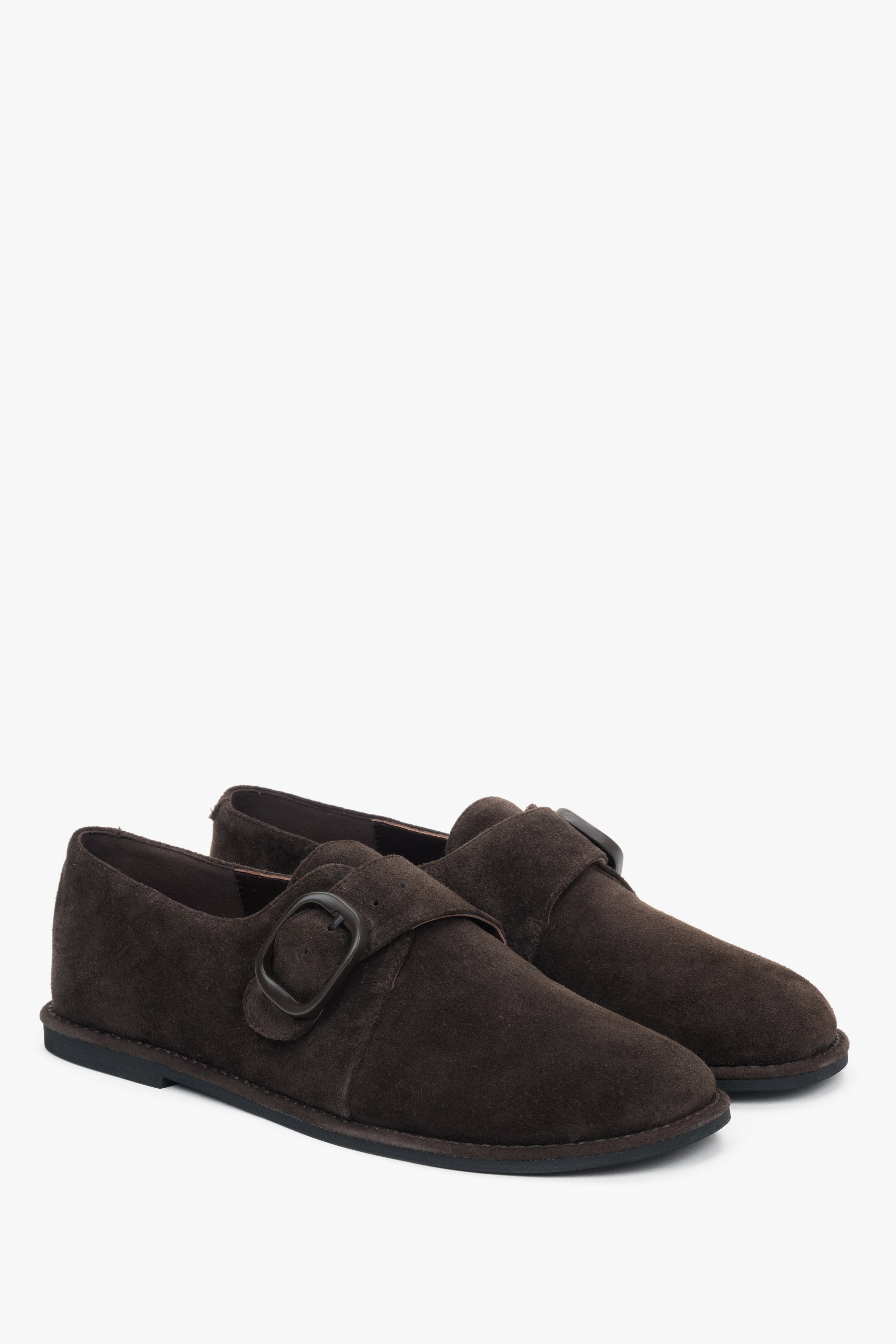 Dark brown women’s genuine velour shoes with a buckle fastening.