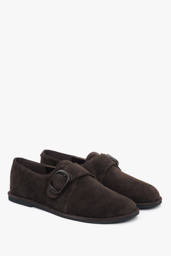 Dark brown women’s genuine velour shoes with a buckle fastening.