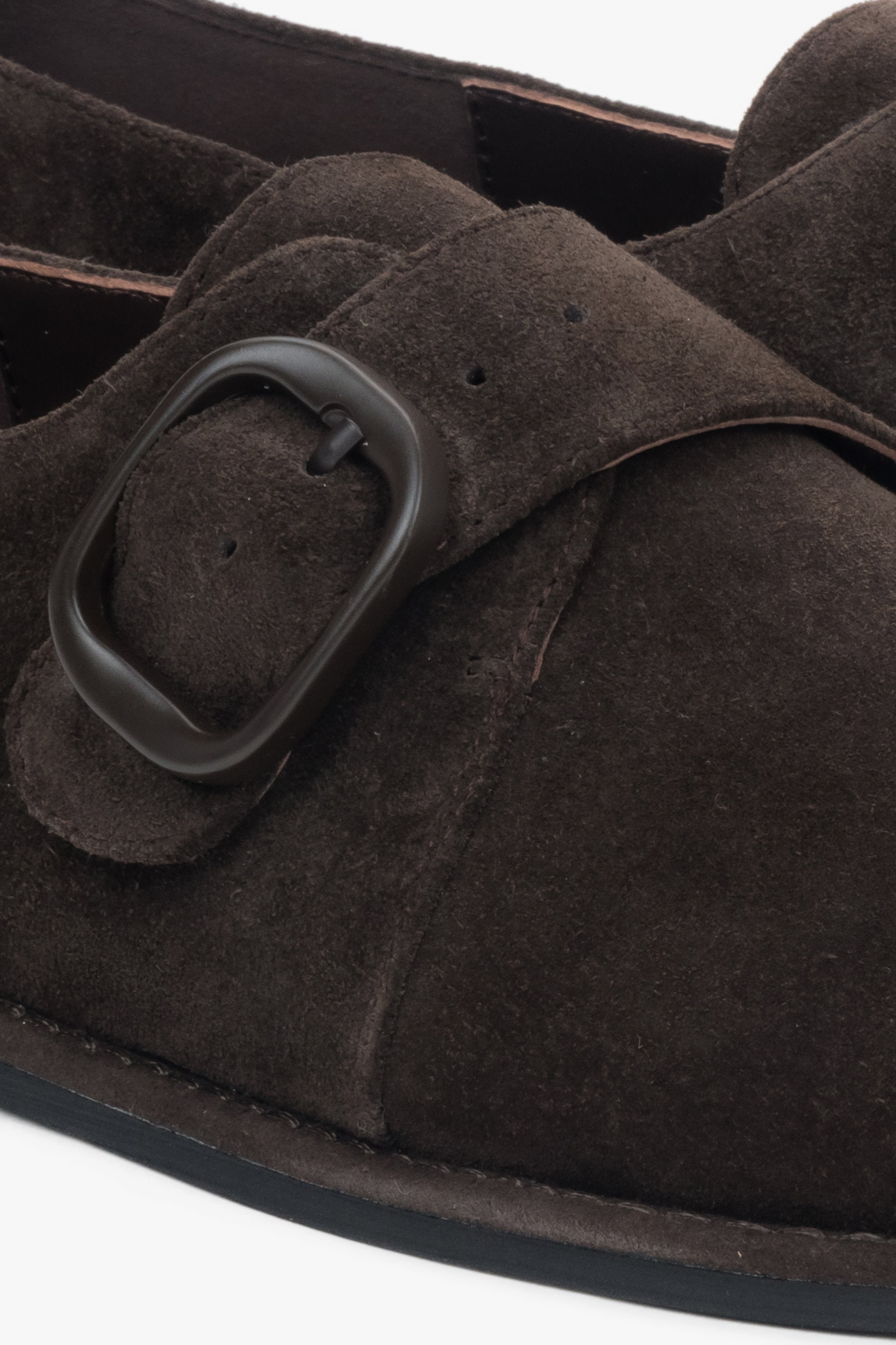 Women’s dark brown genuine velour shoes with a buckle fastening Estro.