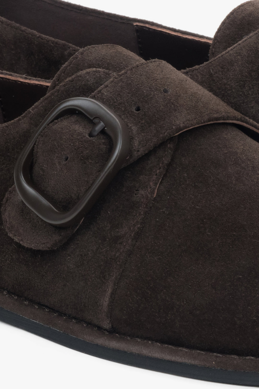 Women’s dark brown genuine velour shoes with a buckle fastening Estro.