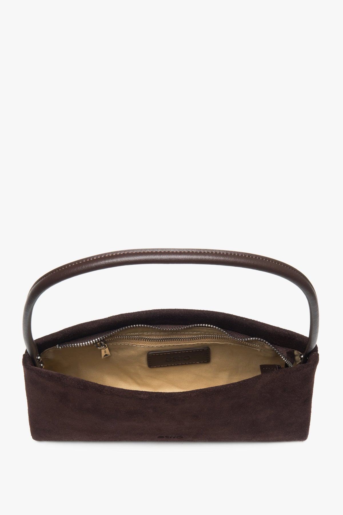 Made of genuine velour, women's dark brown shoulder bag Estro.