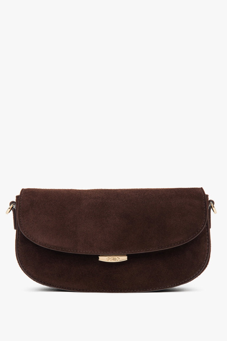 Women's Dark Brown Genuine Velour Shoulder Bag in Saddle Shape Estro ER00118035.
