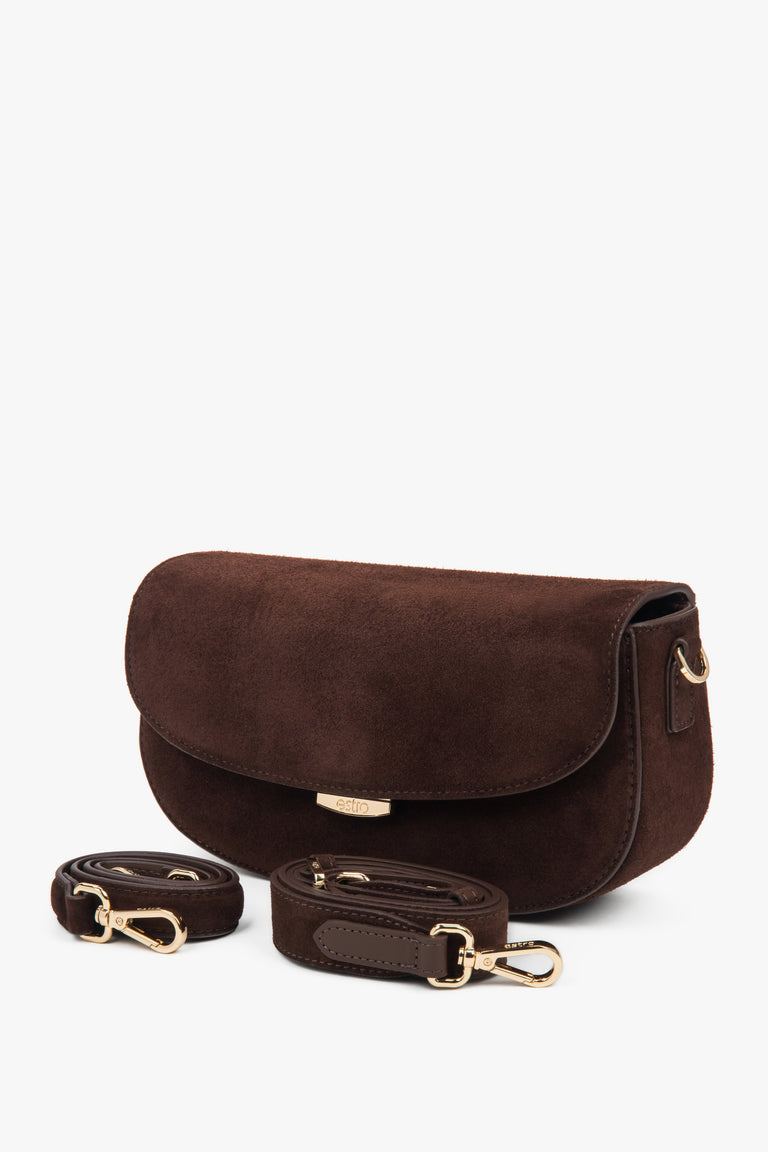Women's dark brown genuine velour shoulder bag in saddle shape.