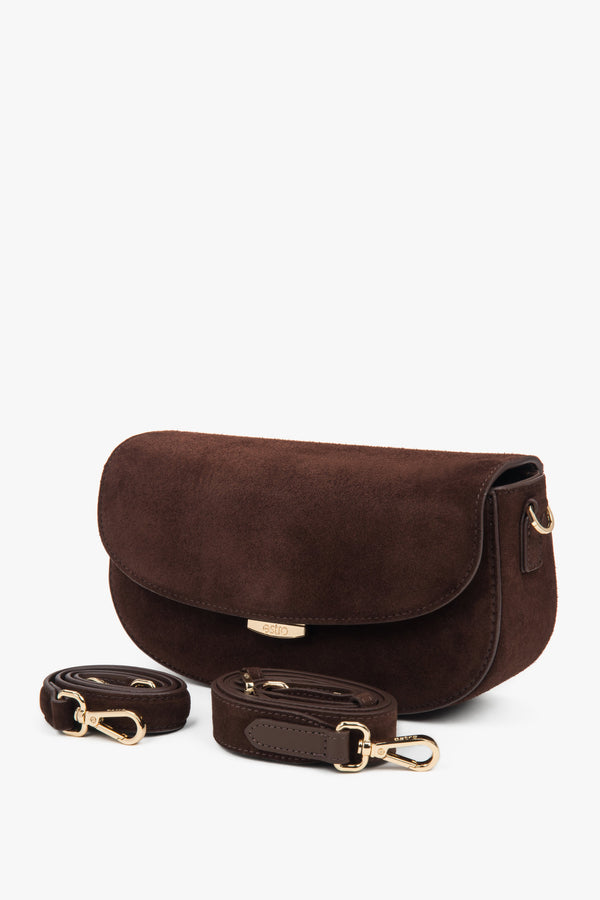 Women's dark brown genuine velour shoulder bag in saddle shape.