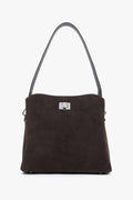 Women's Dark Brown Genuine Velour Shoulder Bag with Twist Lock Estro ER00120873.