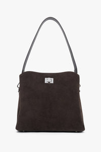 Women's Dark Brown Genuine Velour Shoulder Bag with Twist Lock Estro ER00120873.