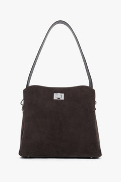 Women's Dark Brown Genuine Velour Shoulder Bag with Twist Lock Estro ER00120873.