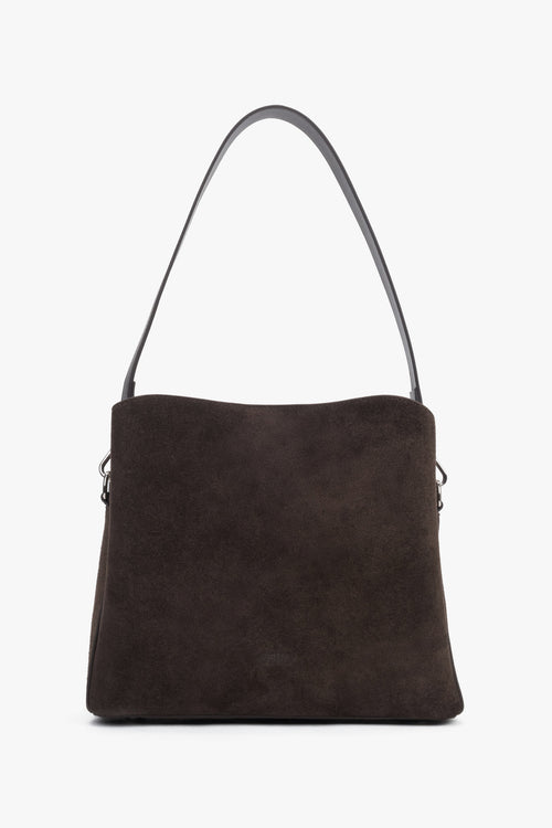 Estro - women's dark brown genuine velour shoulder bag with twist lock.