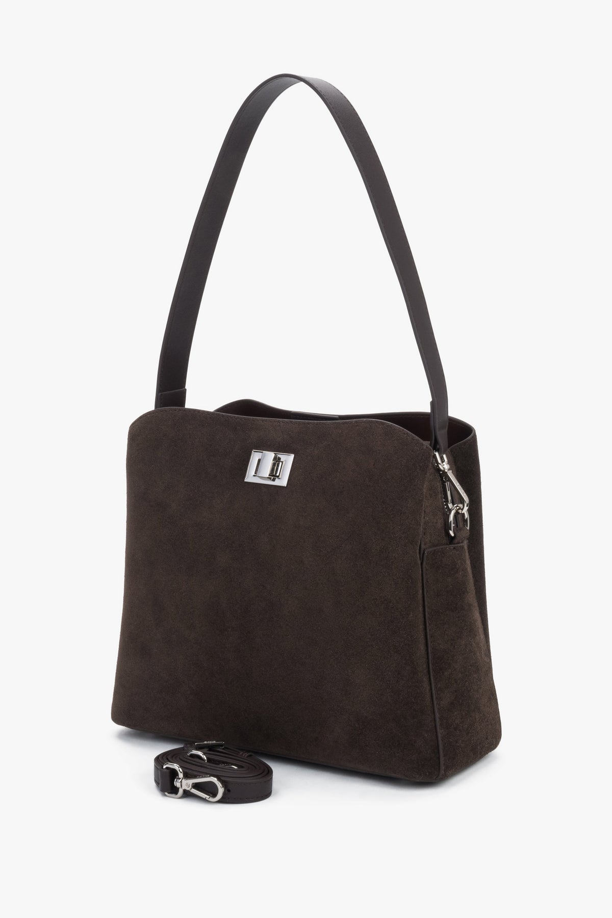 Women's dark brown suede handbag Estro - close-up view focusing on the rich velour grain and polished twist-lock clasp.