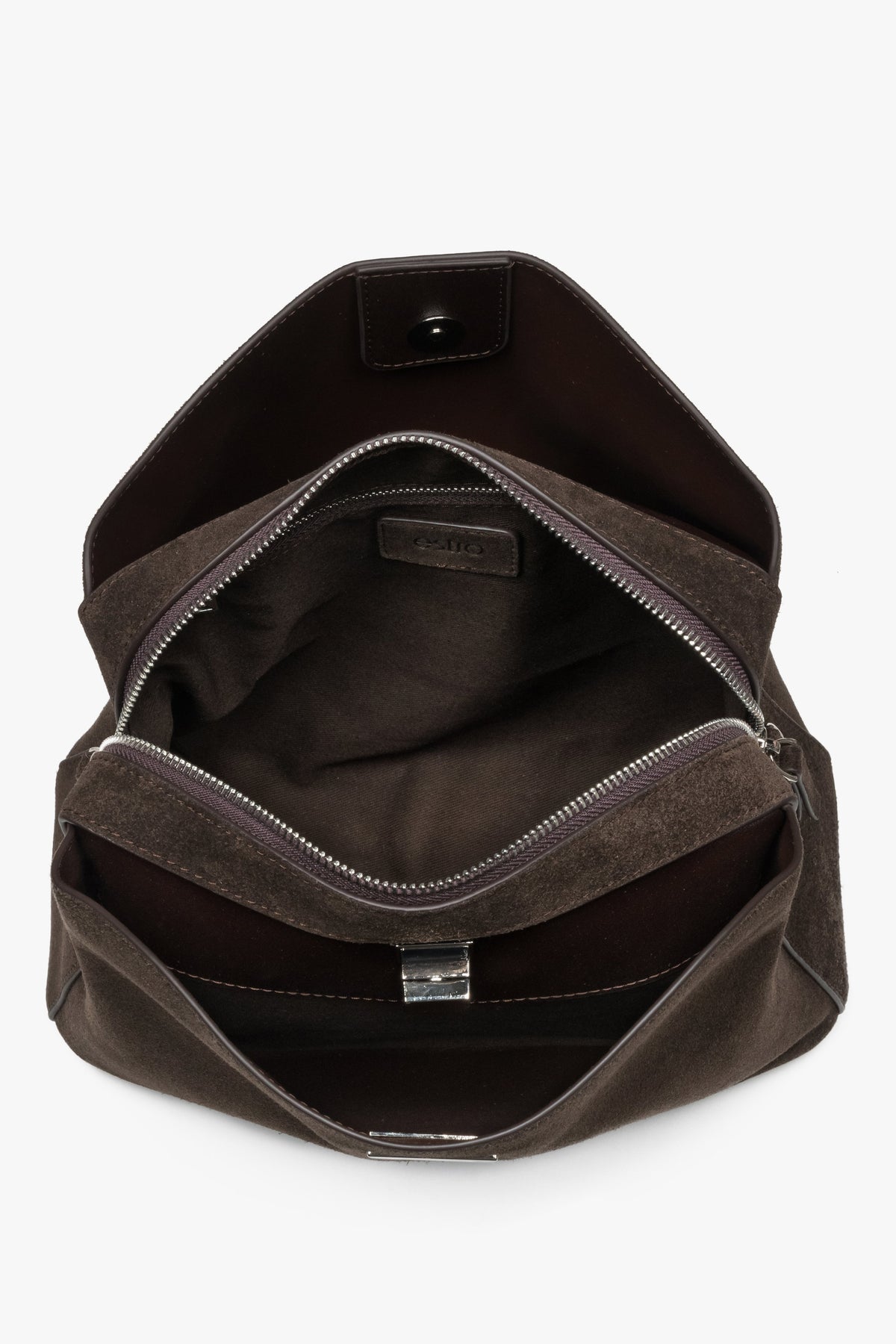 Women's dark brown natural suede shoulder bag featuring an elegant metallic turn-lock closure, Estro.